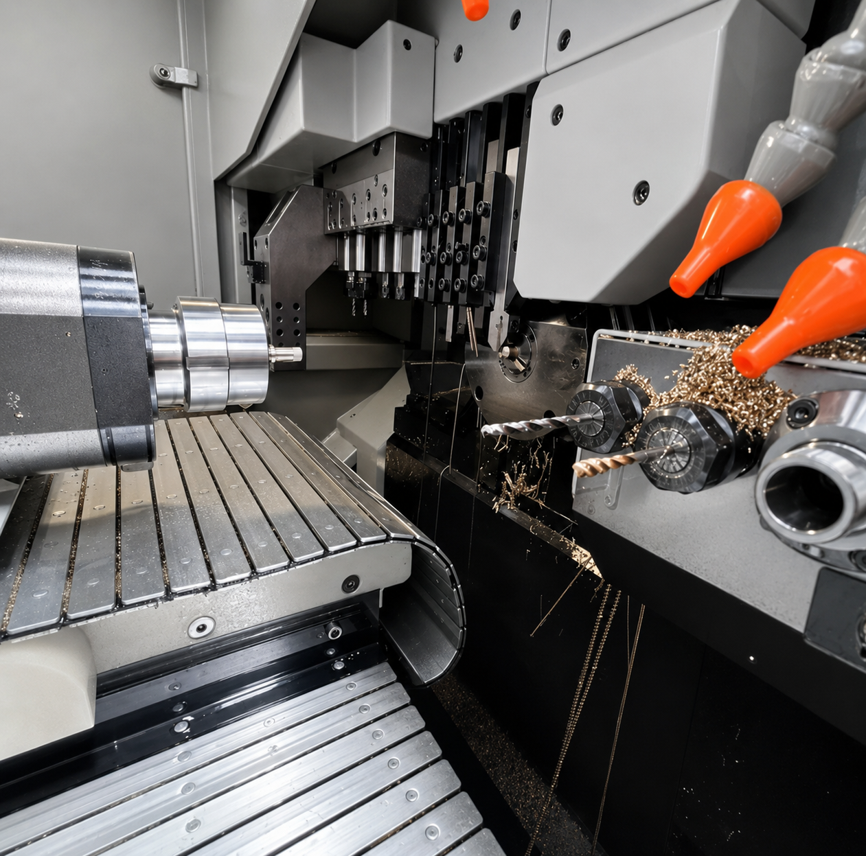 Interior de máquina CNC em processo de usinagem
